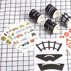 DIY road and rail track washi tape set with vehicle and traffic sign stickers for kids