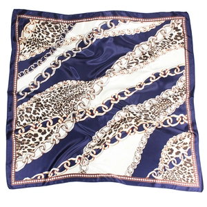 Detailed pattern of chain links and leopard print stripes on 90cm square silk satin scarf