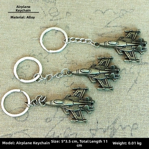 Detailed view of three vintage bronze alloy fighter jet keychains with size dimensions