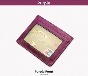 Purple litchi pattern leather card holder featuring a transparent ID window display