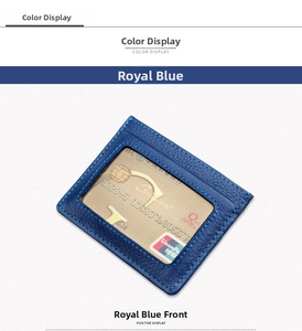 Close-up of royal blue leather card holder with clear ID window and fine stitching