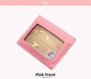 Pink RFID leather card holder with clear window showing gold card inside