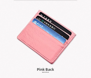 Pink lychee grain leather card holder with three card slots back view display
