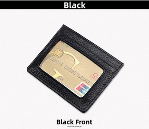 Detail view of black lychee leather RFID wallet with ID window and card slot functionality