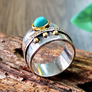 Bohemian Turquoise Ring 925 Silver Plated Wide Band Retro Ethnic Two Tone Jewelry Vintage Style