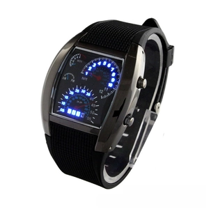 Detail view of aviation-inspired LED watch featuring blue dashboard-style time display