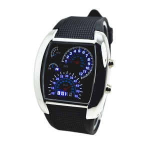 Racing dashboard style LED watch with silver metal case and black silicone strap