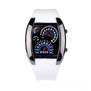 Detail of creative LED aviation watch face with blue dashboard and white sports strap