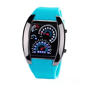 Detail of creative car dashboard sports watch with blue silicone strap and metal case