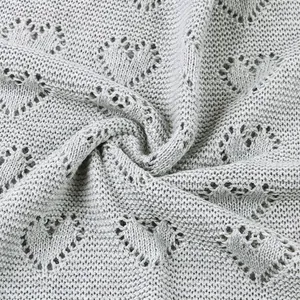 Gray knitted baby blanket featuring delicate heart-shaped hollow patterns and soft texture