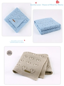 Detail of knitted baby blanket with hollow heart patterns in light camel and sky blue