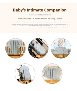 Detailed views showing grey knitted baby blanket with hollow heart pattern in use