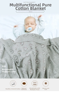 Detailed knit pattern of grey soft cotton baby blanket with hollow heart design