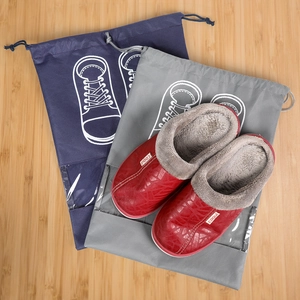 Non-woven drawstring shoe storage bags with clear windows and red cotton slippers