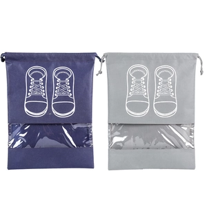 Non-woven shoe storage bags with drawstring closure and transparent window in navy and grey