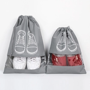 Gray non-woven shoe storage bags with clear window and drawstring closure in two sizes