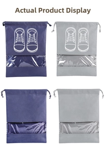 Detail view of non-woven shoe storage bags with clear PVC window and dual drawstring