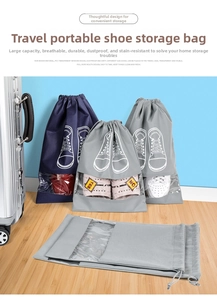 Travel shoe storage bags with PVC window and drawstring closure shown with a suitcase