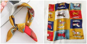 Detail of a square silk scarf with classic equestrian patterns and satin finish