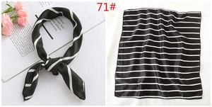 Detail of black and white striped satin square scarf shown folded and fully unfolded