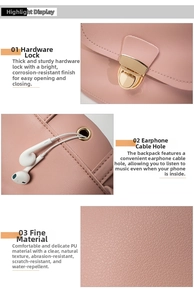 Detail of pink PU backpack showing metal buckle, headphone port and waterproof texture