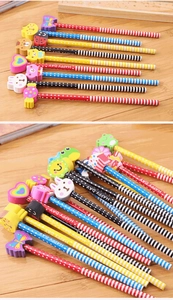 Detail of colorful HB pencils with cute animal cartoon erasers and striped patterns
