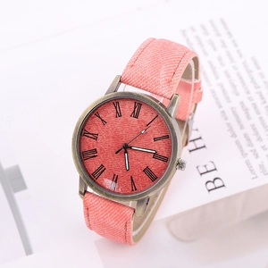 Fashion women quartz watch with coral orange denim texture strap and Roman numerals