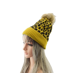 Close-up of leopard print knit beanie with fluffy brown pom pom on white background