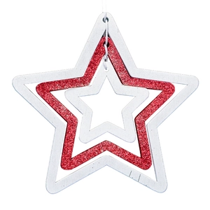 Three-layer nested wooden Christmas star ornament in red glitter and white finish