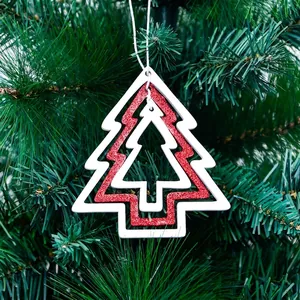 Three-layer nested wooden Christmas tree ornament with red glitter and white hanging string