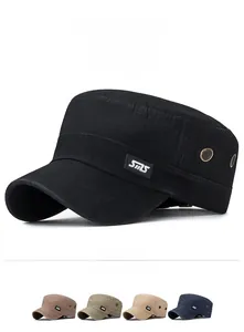 Detail of vintage black cotton military cap featuring metal eyelets and logo label