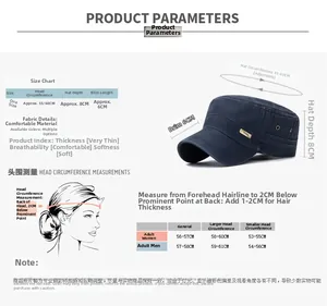 Size chart showing head circumference 55-60cm and dimensions for the flat top cap