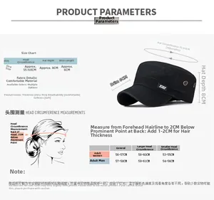 Size chart showing adjustable 55-60cm head circumference for the cotton flat top cap