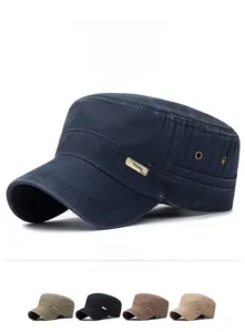 Detailed view of casual washed cotton flat top army cap with metal eyelets and logo side detail