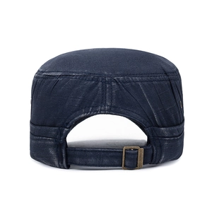 Navy blue washed canvas cadet cap with adjustable bronze buckle back view