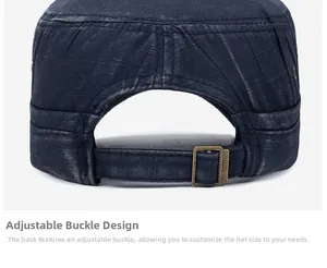 Detail of blue cadet cap showing distressed cotton fabric and bronze metal buckle adjustment