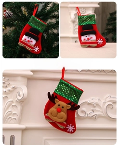 Detail of sequined Christmas stockings with 3D reindeer and snowman designs for decor