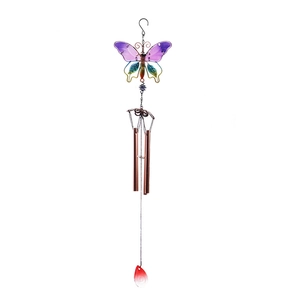 Handcrafted purple butterfly wind chime with copper metal tubes and colorful glass paint