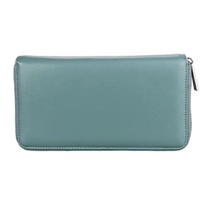 Macro shot of textured teal leather wallet featuring a premium silver metal zipper detail