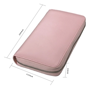 Detailed view of pink leather wallet showing 200mm length and 110mm height dimensions