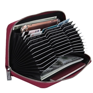 Internal view of high-capacity wine red leather wallet showing card slots and phone pocket