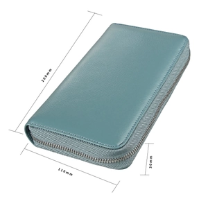 Detail view of the Morandi blue leather wallet showing 200mm x 110mm x 30mm dimensions