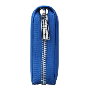 Detailed side view of genuine leather passport wallet with secure silver metal zipper closure