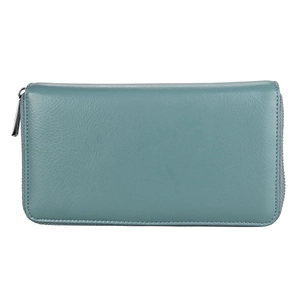 Detail view of teal long leather passport wallet featuring premium lychee grain texture
