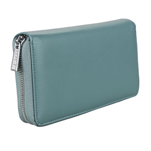 Detail of teal leather passport wallet with litchi grain texture and silver zipper