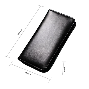 Detailed size specifications for leather zipper wallet showing 200mm length and 110mm width
