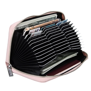 Pink leather RFID long wallet with 36 card slots, passport holder and zipper closure