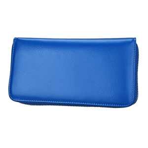 Close-up of blue pebbled leather long wallet with silver zipper and refined stitching
