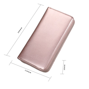 Rose gold leather long wallet dimensions showing 200mm length and 110mm width detail