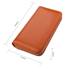 Detailed size specifications for the orange leather wallet: 200mm x 110mm x 30mm